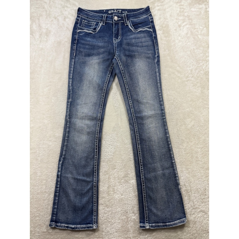 Grace in LA Womens Bootcut Embroidered Sequin Blue Jeans 1-25 Meas: 26x29